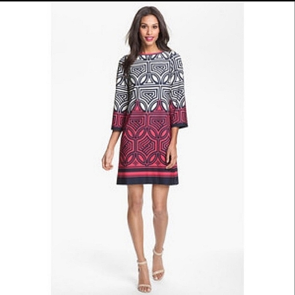 Eliza J Shift Dress Geometric Print in Navy over White & Fuschia  size 8 - Picture 12 of 12